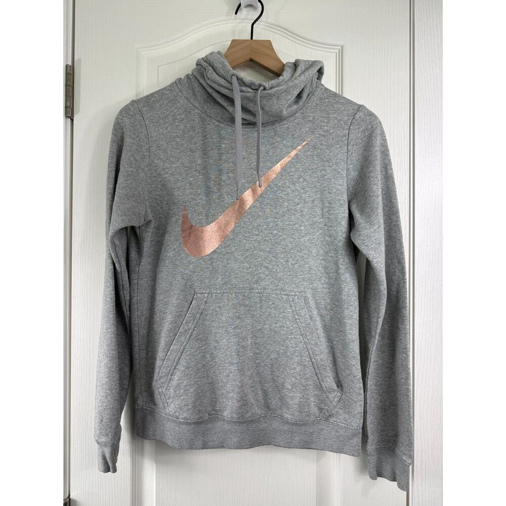 Nike Gray Funnel Neck Hoodie Rose Gold Swoosh Pullover Women's Small